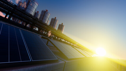 Tilted View of a Bright Sun Rising Over the Solar Panels 3D Rendering