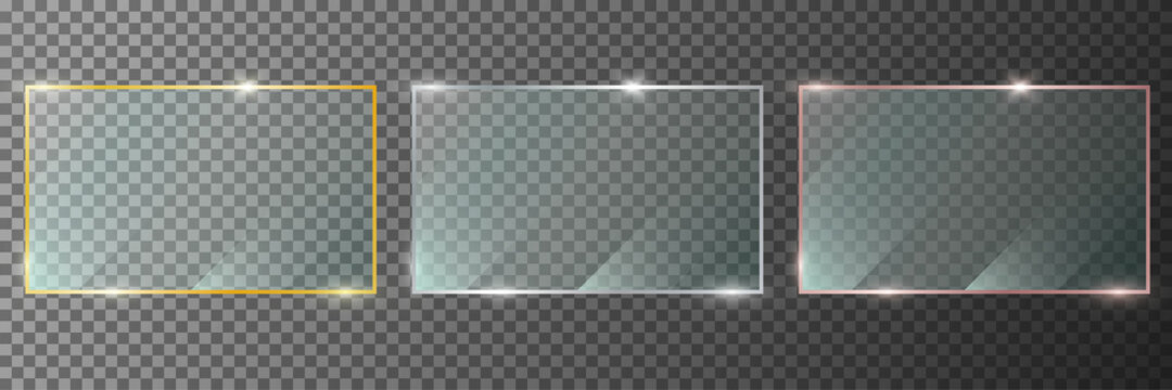Set of frames with glass on transparent background. Gold, silver, bronze shiny frame. Luxury realistic rectangle border. Banner plexiglass with reflections. Clear glossy acrylic window frame. Vector