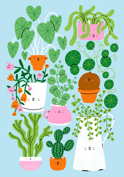 Plants are friends, cute cartoon home plants illustration