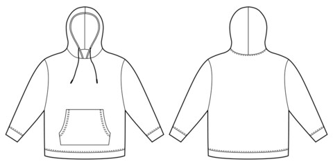 Hoodie template. Apparel hoody technical sketch mockup. Sweatshirt with hood, pockets. Unisex jumper.