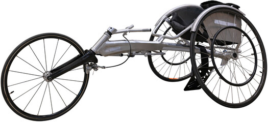 Clipping isolated photography on white background depicting a racer used for wheelchair racing sport by disabled para-athletics athletes during Summer Paralympic Games or athletics world championships