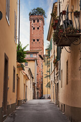 Lucca, Tuscany, Italy: view of the medieval Guinigi Tower, with the trees (holm oaks) on top, from a narrow alley in the old town of the ancient city - obrazy, fototapety, plakaty