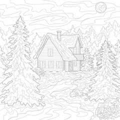 Wooden line drawing cottage, fir trees, forest, bushes and snow, sky and moon. Winter illustration on a white isolated background. For coloring book pages.