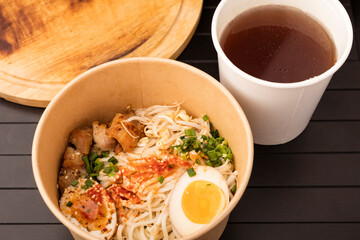 Japanese dish with wheat noodles. Fast food with a high energy value. A platter of Chinese, Korean and Japanese cuisine