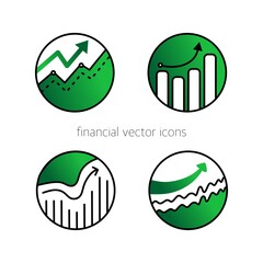 A set of icons for graphs and diagrams in a vector. Analytics and financial symbols are green. Vector illustration