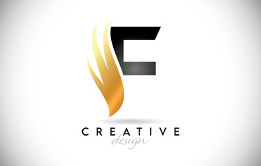 Wing Letter F Logo with Golden Elegant Design. F letter Swoosh Icon Vector