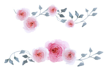 Beautiful pink roses with leaves isolated on white backgroung. Watercolor hand drawn.