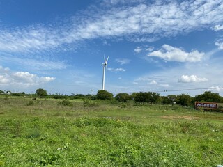 wind farm or wind park, with high wind turbines for generation electricity, wind turbines in a field with blue sky