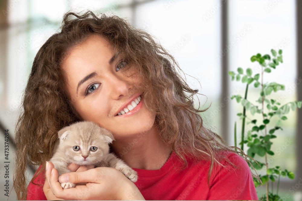 Poster Happy beautiful cheerful young woman with a cute gray cat in her arms at home