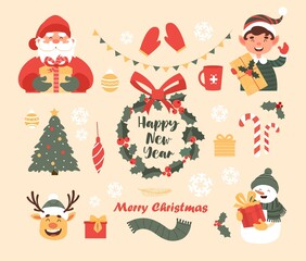 Christmas and New Year set. Colorful stickers with Santa Claus, reindeer, snowman, elf, gifts and wreath. Design elements for greeting card. Cartoon flat vector collection isolated on pink background