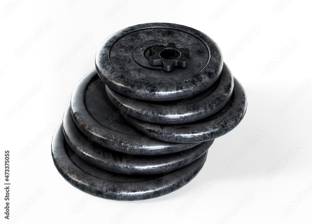 Fototapete 3d rendering of five black barbell weights of different mass hanging in one line on a white backgrou