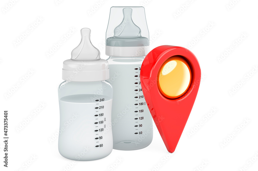 Poster baby bottles with infant formula with map pointer. 3d rendering