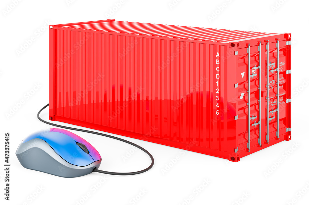 Poster cargo container with computer mouse. tracking of freight transportation, concept. 3d rendering