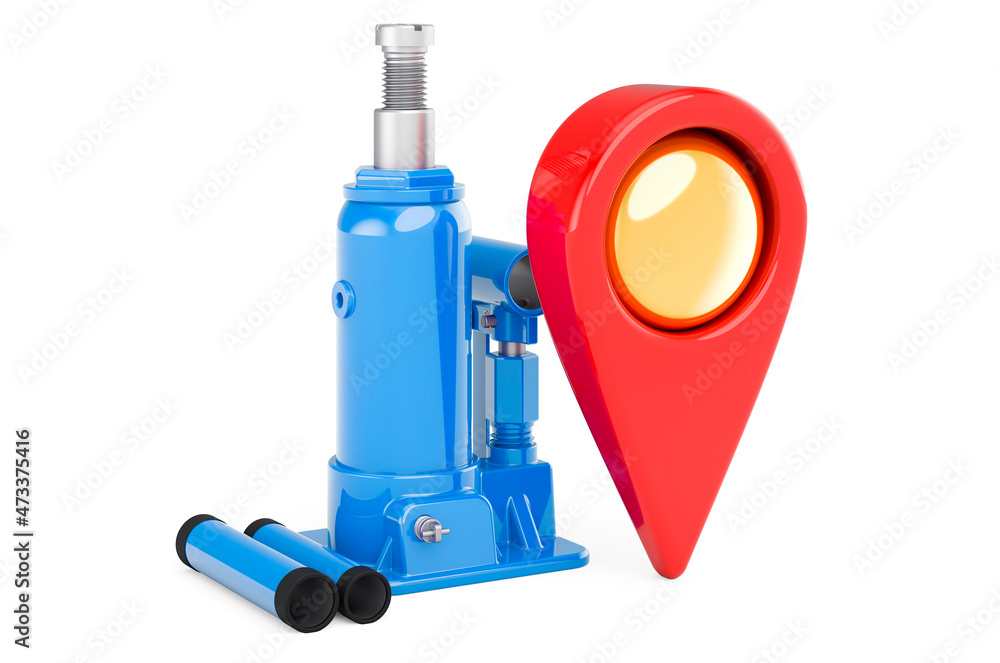 Poster hydraulic bottle jack with map pointer. 3d rendering