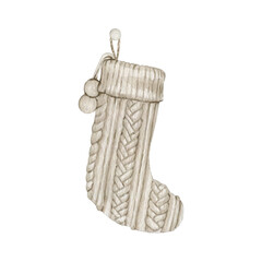 Watercolor traditional knitted Christmas stocking with gifts clipart