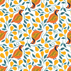 partridge and pear tree seamless vector pattern on white background. Christmas bird background