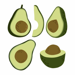 a set of avocado halves of different shapes in a flat style hand-drawn. vector illustration isolated on white background.