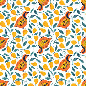partridge and pear tree seamless vector pattern on white background. Christmas bird background