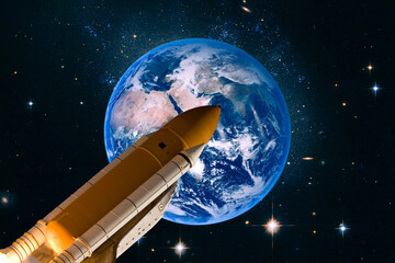 Earth and rocket in space. The elements of this image furnished by NASA.