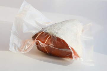red fish in vacuum packaging. proper nutrition, trout, salmon, chum salmon. marine products.