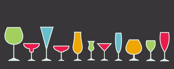 Set of  11 bright colorful cocktail icons. Drink collection glasses design illustration.