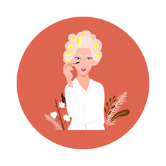 Cartoon Girl Applying Her Makeup, Colorful Illustration, Character Design, Circle Frame Isolated, Morning Routine.