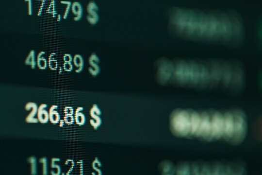 Close-up of Forex stock market price chart and tickers on digital screen