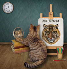 A beige cat looks in a mirror near its self-portrait. - 473378284