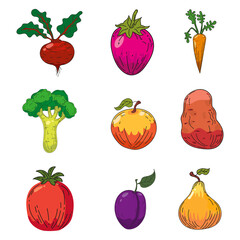 Set of fruits and vegetables illustrations. Hand drawing colorful doodles icon, organic farm product. Vector sketch illustration vintage, retro engraving style