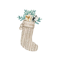 Watercolor traditional knitted Christmas stocking with gifts clipart