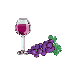 Bunch of Grapes with Wine Glass Isolated on White Background, Winery Illustration Isolated, Hand Drawn Retro Style.