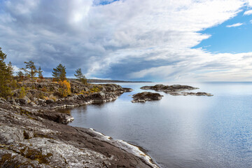 Beautiful view of Lake Ladoga from a hill on the Ladoga Skerries. Karelia, Russia