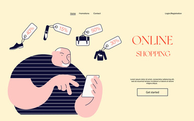 Online shopping process. Elderly man buying goods in internet store