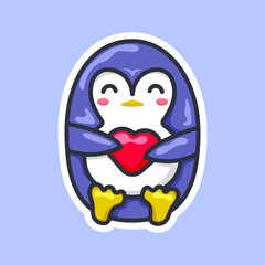 Penguin in a cute cartoon style on a blue background. Sticker or patch. 