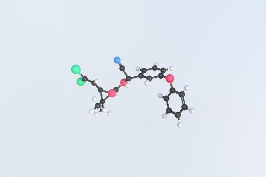 Deltamethrin molecule made with balls, isolated molecular model. 3D rendering
