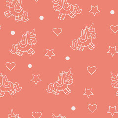 cute seamless pattern of unicorn and hearts on pink background. illustration of a cute animal character with sketch, line, seamless pattern texture for textile, fabric, baby clothes, wallpaper