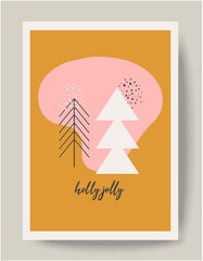 Modern minimal Christmas tree card, Holly Jolly postcard vector design