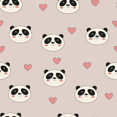 cute seamless pattern of panda doodle and hearts. illustration of cute animal character, seamless pattern texture for textile, fabric, wallpaper