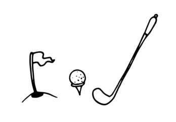golf icons. A hand-drawn golf club, a ball and a hole with a flag on the course, hand-drawn in the style of doodles with a black outline for a design template.