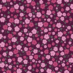 Vintage pattern. pink and burgundy flowers, green leaves. Maroon background. Seamless vector template for design and fashion prints.
