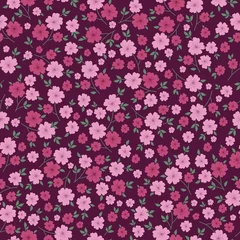Wall murals Bordeaux Vintage pattern. pink and burgundy flowers, green leaves. Maroon background. Seamless vector template for design and fashion prints.