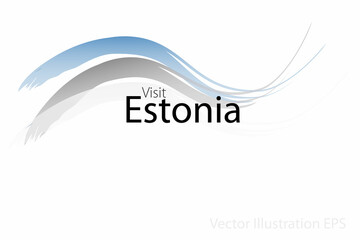 the slogan visit Estonia with curved waves in watercolor style which are in the colors of the national flag. Vector Illustration