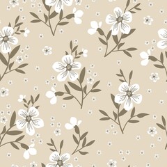 Vintage pattern. Wonderful white flowers, gray leaves. beige background. Seamless vector template for design and fashion prints.