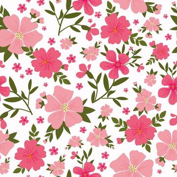 Vintage pattern. Wonderful pink flowers, green leaves. White background. Seamless vector template for design and fashion prints.