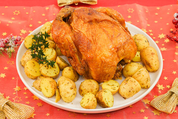 Hot chicken with potatoes in a dish on a festive table