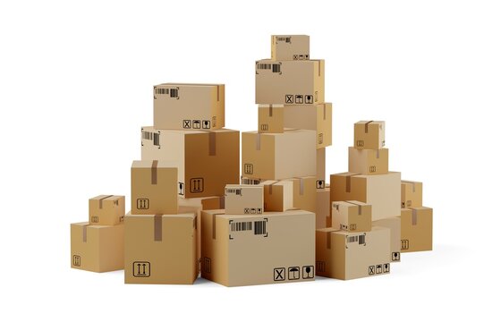 Huge pile of cardboard boxes or parcels for delivery or storage over white background, goods shipping or transportation concept