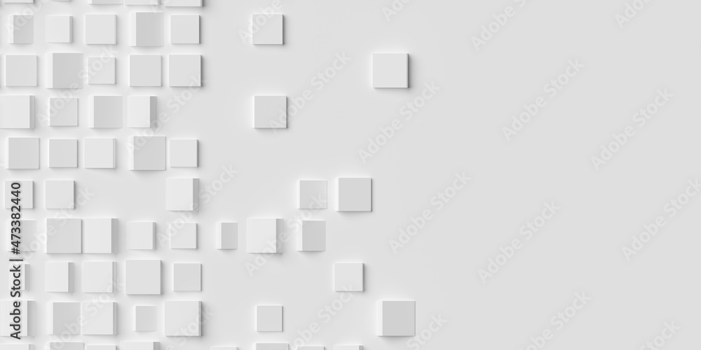 Poster Random rotated and scaled small white cube boxes block geometrical background wallpaper banner or template with copy space