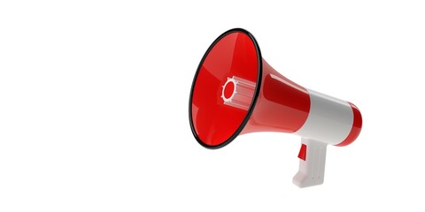 Red and white megaphone or bullhorn floating over white background, business announcement or communication concept