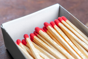 A box of wooden matches with red sulfur. Household light equipment