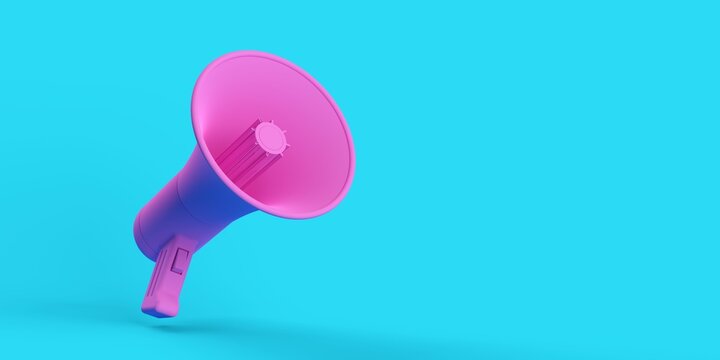 Pink Megaphone Or Bullhorn Floating Over Cyan Blue Background, Business Announcement Or Communication Concept